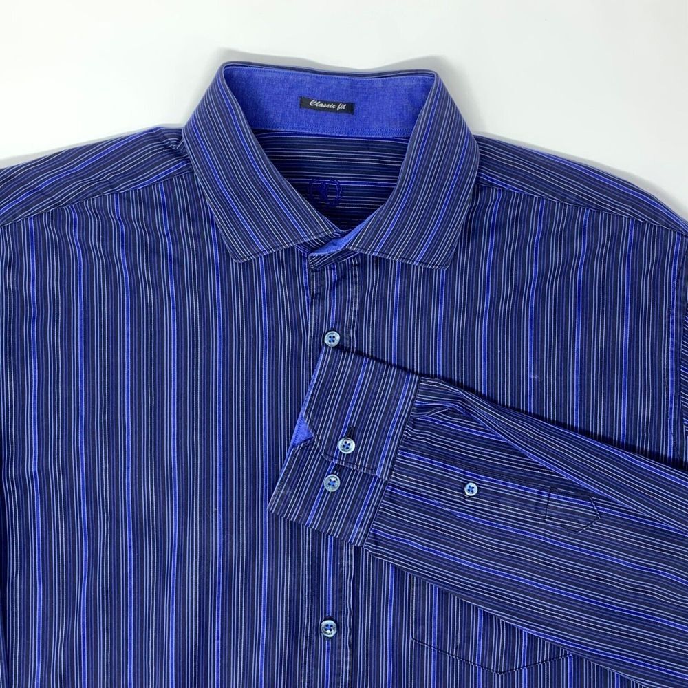 Bugatchi Uomo Men's Classic Fit Blue Stripe Size XL Shirt‎